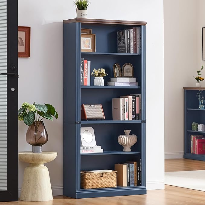 RWYHG 70" Blue Tall Bookshelf Set of 3,5-Tier Thick Wooden Book Shelf with Adjustable Shelves,Free Standing Farmhouse Bookcase with Open Display Storage,Floor Vintage Bookshelves for Living Room