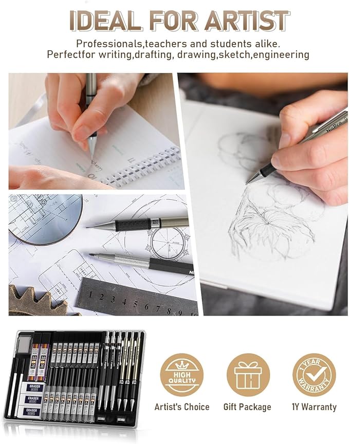 Nicpro 35PCS Gold Art Mechanical Pencils Set, 3 PCS Metal Drafting Pencil 0.5 mm & 0.7 mm & 0.9 mm & 3 PCS 2mm Lead Holder (6B 4B 2B HB 2H 4H Colors) For Sketching Drawing