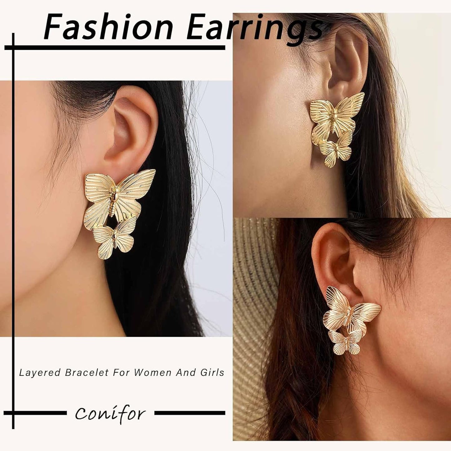 Boho Big Butterfly Drop Earrings Vintage Gold Double Butterfly Dangle Earrings Statement Animal Butterfly Earrings Prom Butterfly Earrings Jewelry for Women