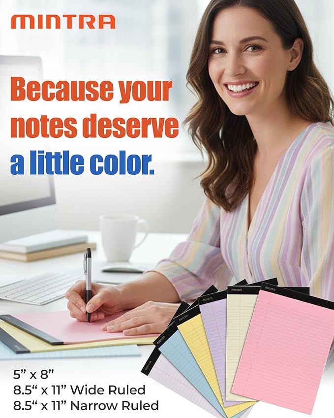 Mintra Office Legal Pads - ((BASIC PASTEL 6pk, 8.5in x 11in, WIDE RULED))