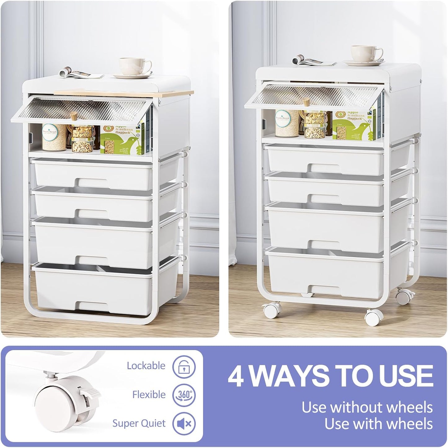 Utility-Rolling-Storage-Drawer-Craft-Cart-Organizers with 4 Drawers & Dust-proof Door for Kid Craft Art Room,Bedroom,Home Office, Craft Drawer cart, Classic White