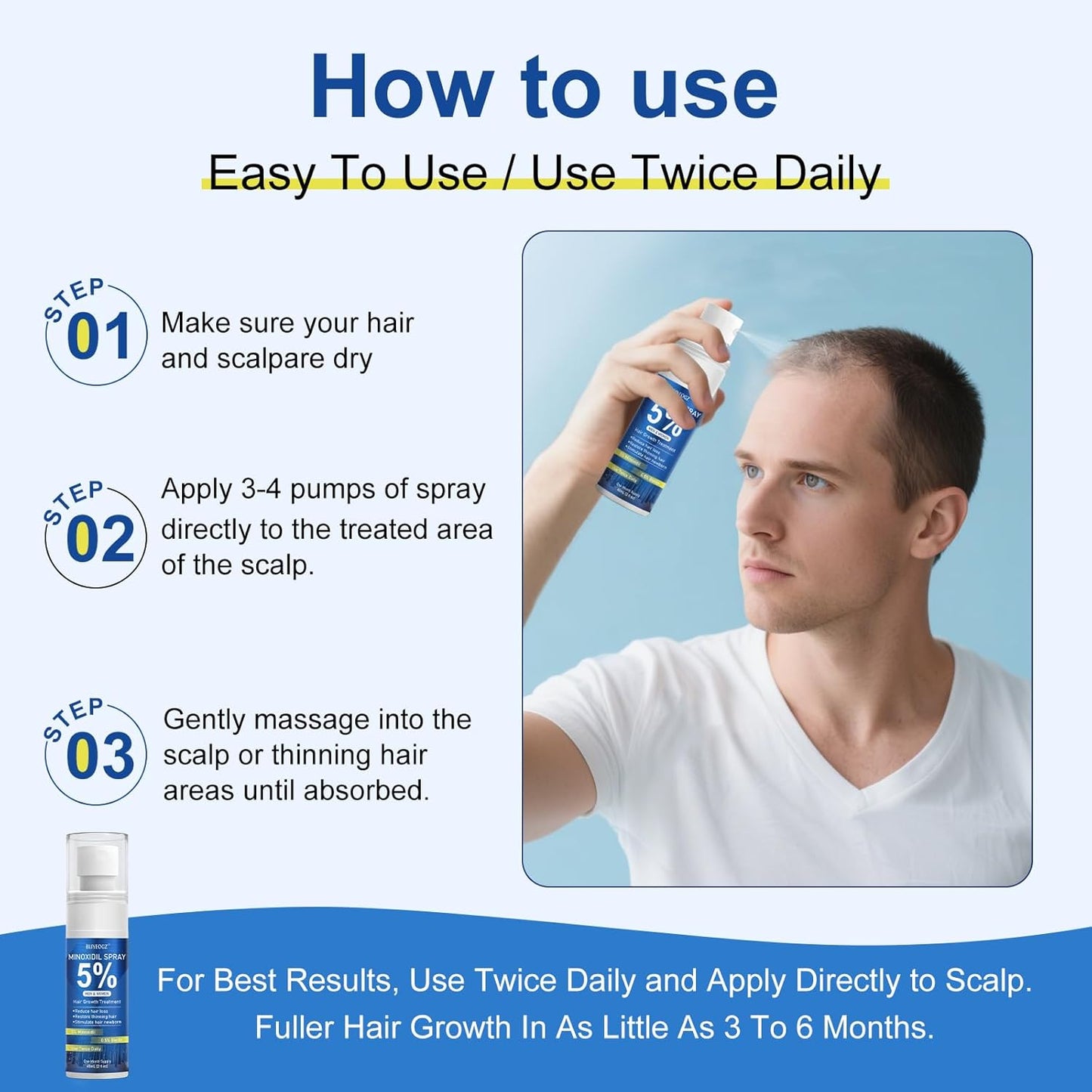 5% Minoxidil Spray for Men and Women, Infused with Biotin, for Hair Regrowth Treatment, Beard Growth, Extra Strength Treatment to Combat Hair Loss and Thinning, 3 Month Supply, 3 Bottles