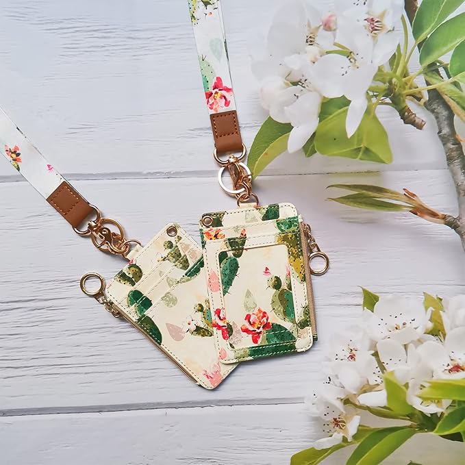 Lanyard Wallet,Wallet Lanyard,lanyards for id Badges,lanyards for id Badges for Women,Lanyard Wallet for Women,Fashion Badge Holder with Zipper(Cactus)