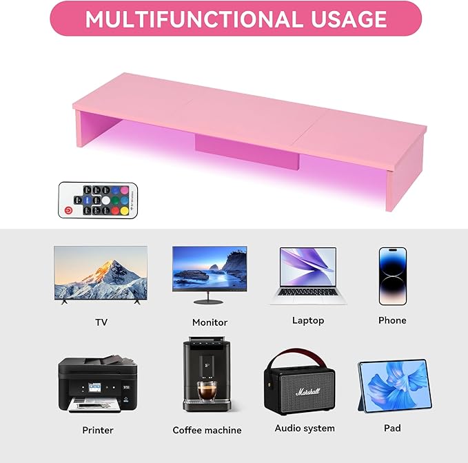 TV Riser Stand with LED Lights, 42.5" Super Large Monitor Stand Riser, Tabletop TV Stand Riser for Desk, Desk Shelf for Top of Desk, Desktop Organizer for Computer, TV, Laptop, Printer