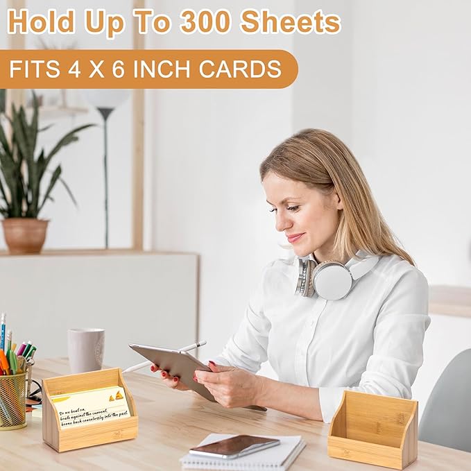 SHIQIKEJIPTY 2 Pack Wood Index Card Holder 4x6 Inch Index Card Box Notecard Box Business Cards Organizer Post Cards Case Display Stand for Business Desk Office Home School Holds 300 Sheets