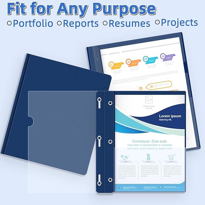 HAUTOCO 12 Pack Plastic Report Covers with 3-Prong Fasteners Clear Front Resume Portfolio Folder for 8.5x11 Letter Size Paper, Presentation Document Report Folders for Office School Use, Navy Blue