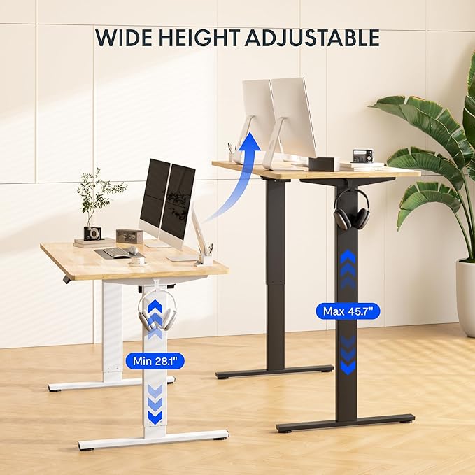 FLEXISPOT EN1 Solid Wooden One-Piece Standing Desk, 63 x 24 Inches Sit Stand Home Office Desks, Sustainable Sturdy and Stable (White Frame + Rubber Wood Top, 2 Packages)