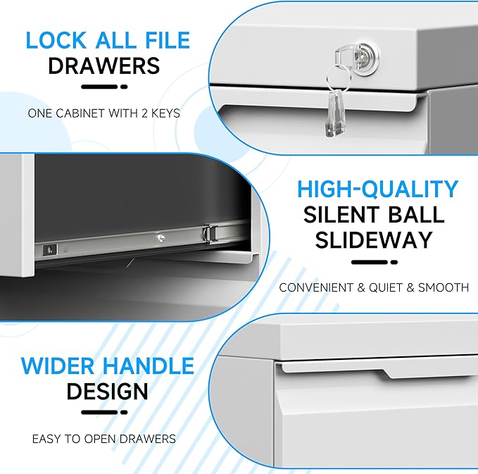 Bestoo 3-Drawer Mobile File Cabinet with Lock, Metal Filing Cabinet on Wheels for Home Office Under Desk, Fits File Folders, Letter/Legal/F4/A4 Size, Assembly Required (White)