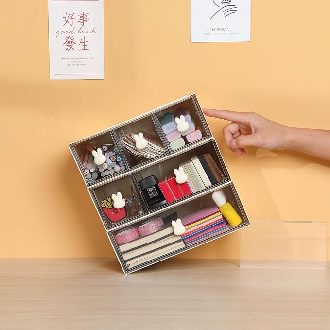 OSteed Desktop Drawers, Desk Organizer with 1 Large Drawer & Bunny Handles, Stackable Plastic Storage Box for Home Collection, Cosmetics, Office Supplies (1 Tall Layer, Cream & Clear)