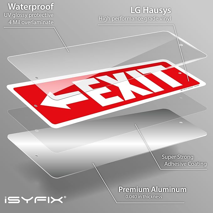 iSYFIX Exit Signs 12 Pack 12x4 Inch with Directional Left Arrows - Rust Free Aluminum, Laminated for UV, Weather, Scratch Resistance - Ideal for Offices, Schools, Theaters, Restaurants
