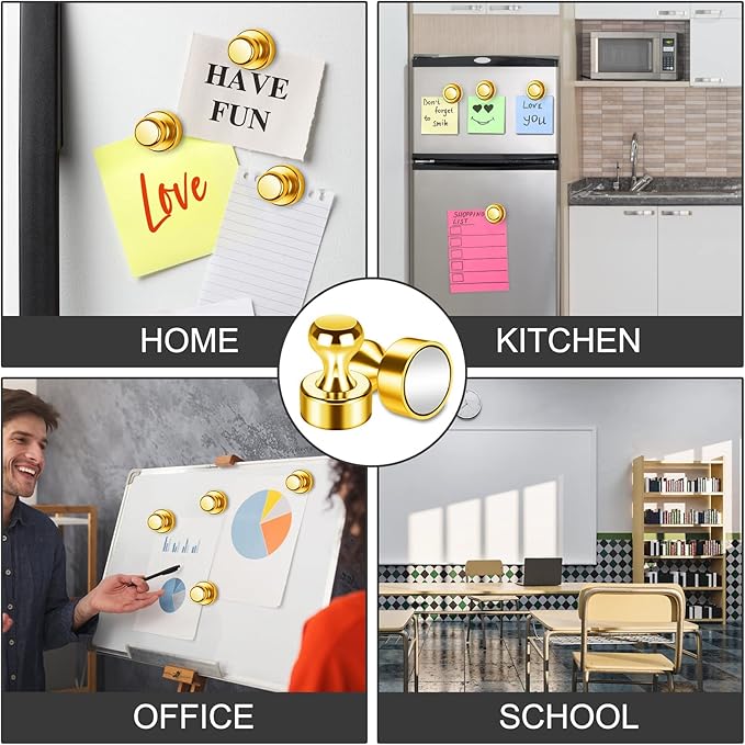 Junarter 20 Pack Magnetic Push Pins, Gold Strong Fridge Magnets, Whiteboard Magnets, Refrigerator Magnets Strong, Dry Erase Board Magnets for Fridge, Whiteboard, Office, Classroom, Kitchen, Map
