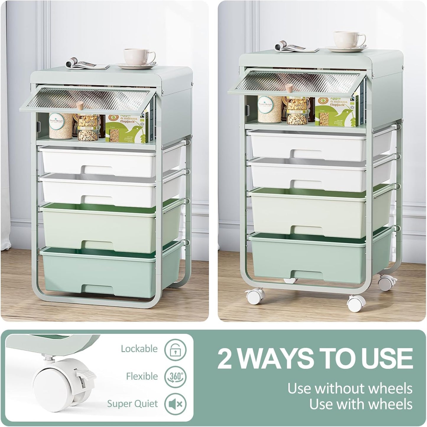 Utility-Rolling-Storage-Drawer-Craft-Cart-Organizers with 4 Drawers & Dust-proof Door for Kid Craft Art Room,Bedroom,Home Office, 4 Tiers Drawer cart, Green