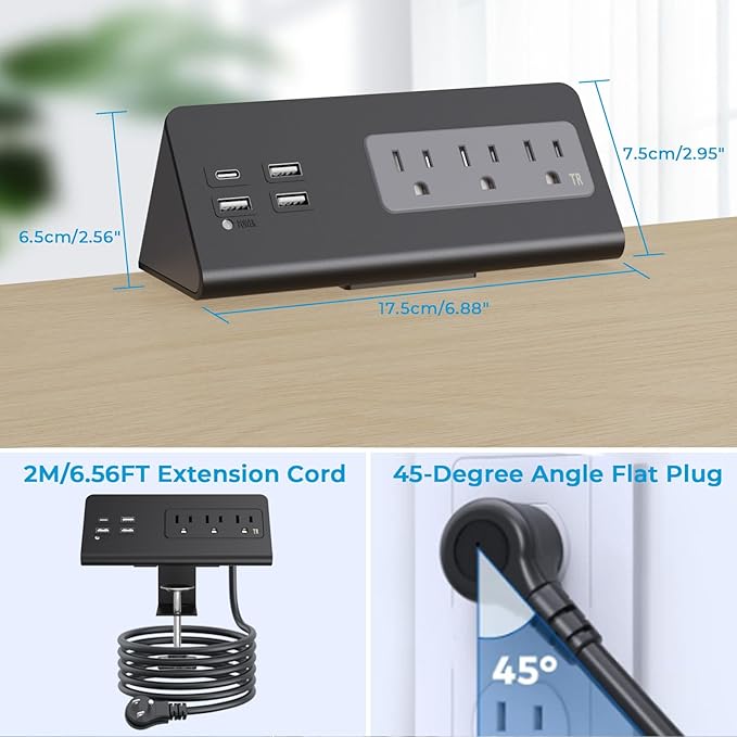Nightstand Charging Station, Nightstand Edge Power Strip with 3 AC Outlets, 4 Fast Charging USB Ports, Connect 6.56FT Flat Plug, Desk Surge Protector for Office Home Hotel, 2-Pack(Black/White)