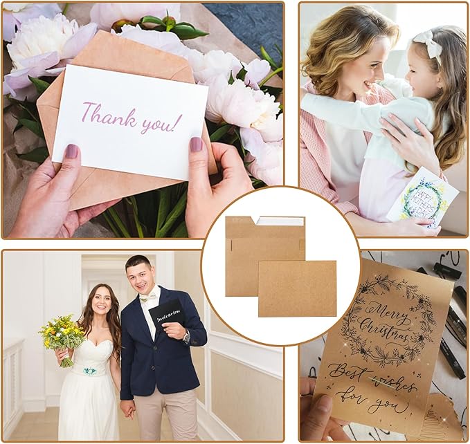 Silunkia 100 Packs Brown Single Panel Blank Greeting Cards and Envelopes 4.25 x 5.5 Heavyweight Flat Cardstock and A2 Envelopes Printable Self Seal for Graduations, Wedding, Thank You Cards