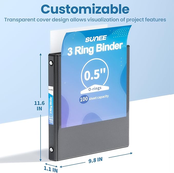 SUNEE 3 Ring Binder 1/2 Inch 1 Pack, Clear View Binder Three Ring PVC-Free (Fit 8.5x11 Inches) for School or Office Supplies, Black