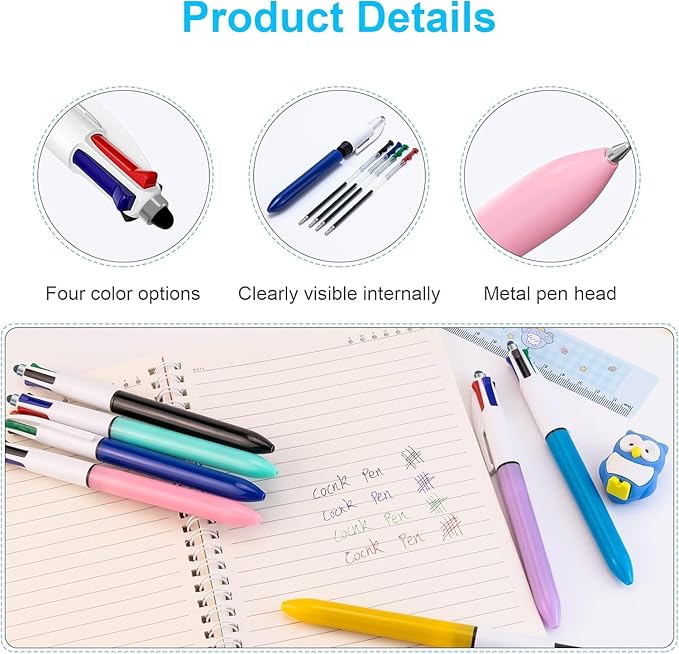 Aosrpvoi 8-Pack Multicolor Ballpoint Pens with Stylus Tip - 4 Colors in One (Red, Blue, Black, Green) 1.0mm Smooth Writing for Planners