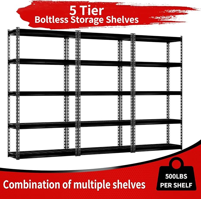 Shuntong The Atlas 30" W x 12" D x 60" H Adjustable Garage Storage Shelves Load 2500 lbs, 5 Tier Heavy Duty Shelving Unit, Metal Utility Storage Rack for Warehouse Pantry Basement Kitchen, Black