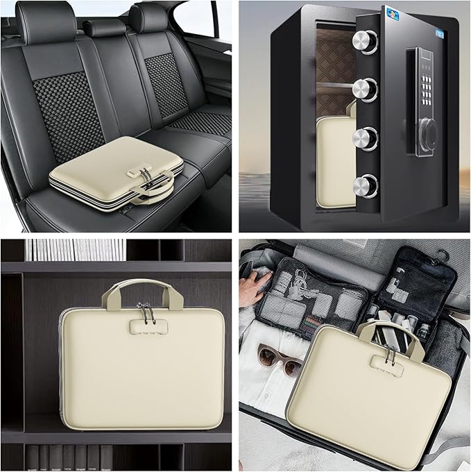 Fireproof File Organizer with Lock, Hard-Shell Case Fireproof Document Box with 13 Colorful Pockets Accordion File Folder, Important Document Organizer for Letter A4 Files Laptop Passports (Beige)