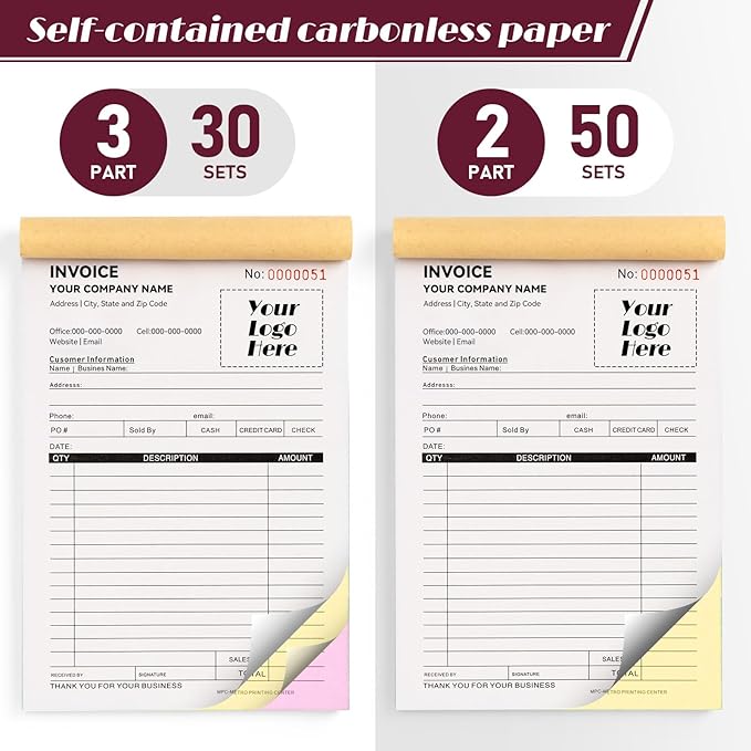 100 Sets Custom 5.7" X 8.5" Invoice Receipt Book, Personalized Duplicate Carbonless Form with Logo/Text, Paper 2-Part/3-Part in Bulk Purchase Orders, Sales Orders, Price Forms (2-Part)