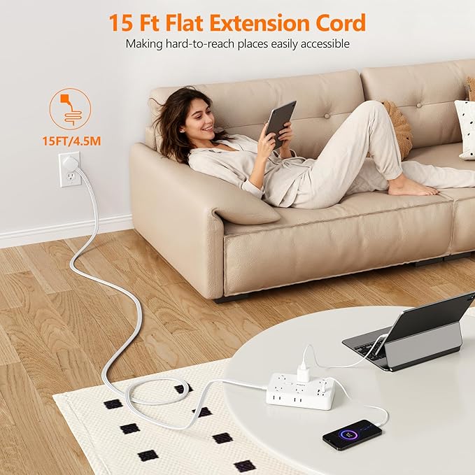 Surge Protector Power Strip 10 FT Flat Extension Cord ,10 AC Outlets & 4 USB Ports(5V/3.4A 17W), 1080J ,Wall Mountable Desktop Charging Station with Flat Plug for Office Supplies and Home, White
