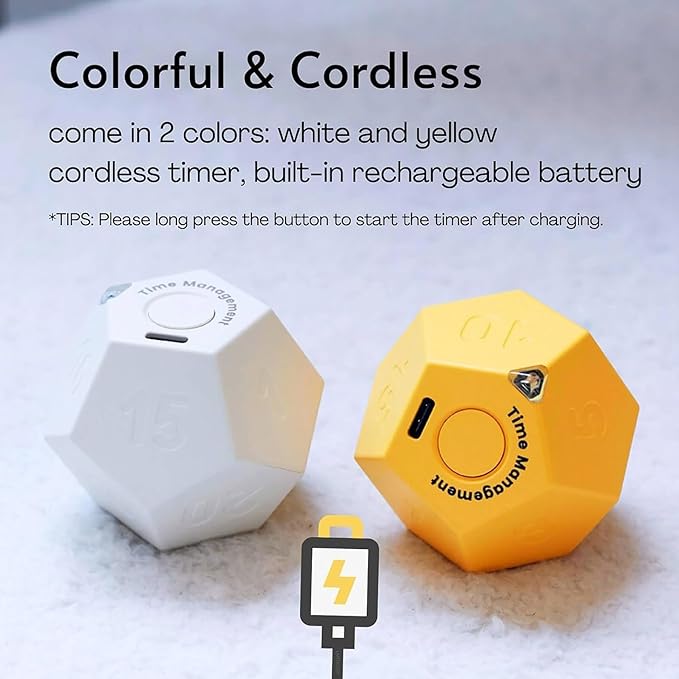 Mini 12 Sided Cube Timer, 11 Preset Times Pomodoro Timer for Enhanced Productivity. Ideal for ADHD Management, Workout, Study & Kitchen Cooking. Easy to Use(White)