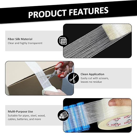 Ealyder Tape 3 Pack Transparent Reinforced Fiberglass Tape – 2 Inch x 30 Yards, 5.5 Mil Filament Strapping Tape, Adhesive Heavy Duty