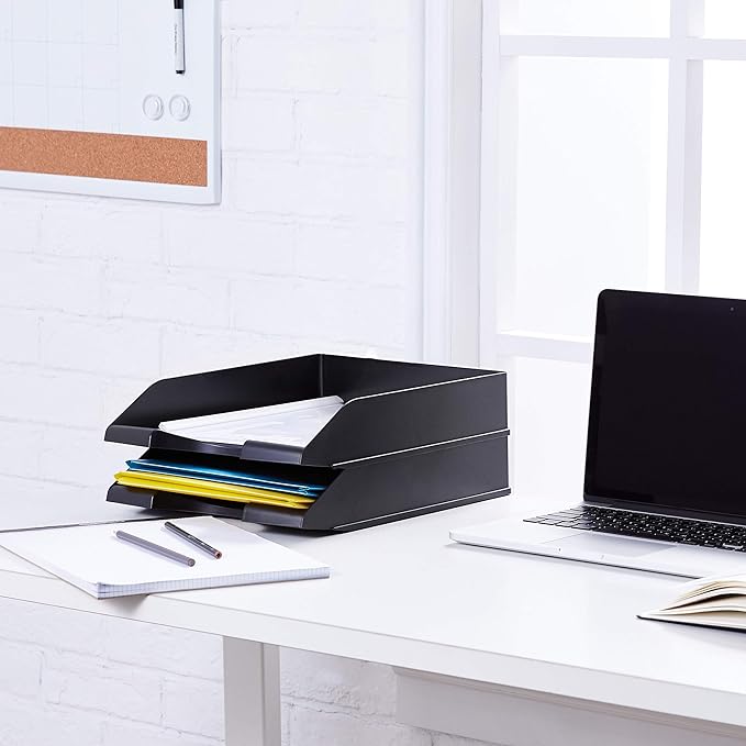Amazon Basics Rectangular, Stackable Office Letter Organizer Desk Tray, Black, Pack of 12