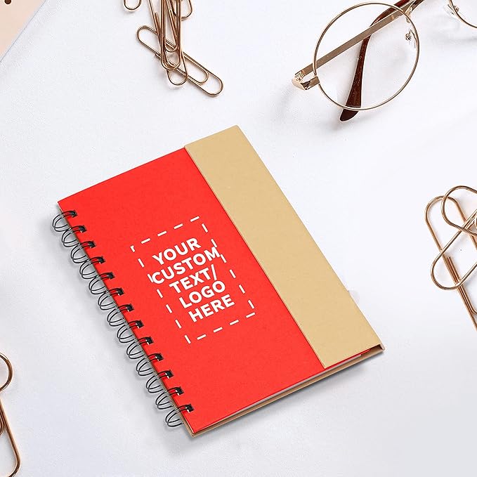 DISCOUNT PROMOS Custom Eco Friendly Spiral Notebooks with Pens Set of 50, Personalized Bulk Pack - Perfect for School, Office, Home - Red