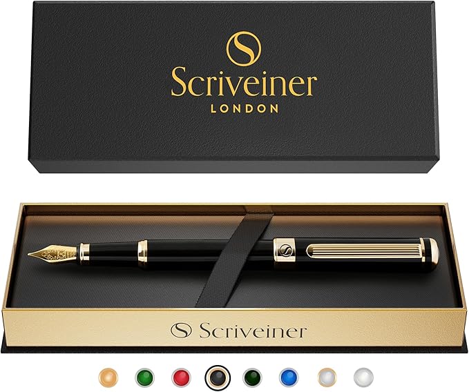 Scriveiner Luxury Fountain Pen - Stunning Black Lacquer Pen, Real Gold Finish, Schmidt Gilded Nib (Fine), Converter, Best Pen Gift Set for Men & Women, Professional, Executive, Office, Nice Pens