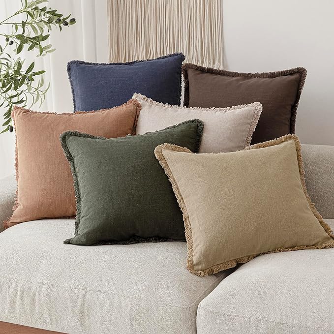 Foindtower Set of 2 Decorative Linen Fringe Throw Pillow Covers Boho Farmhouse Cushion Cover with Tassels Soft Accent Pillowcase for Couch Sofa Bed Living Room Home Decor,16×16 Inch,Reddish Brown
