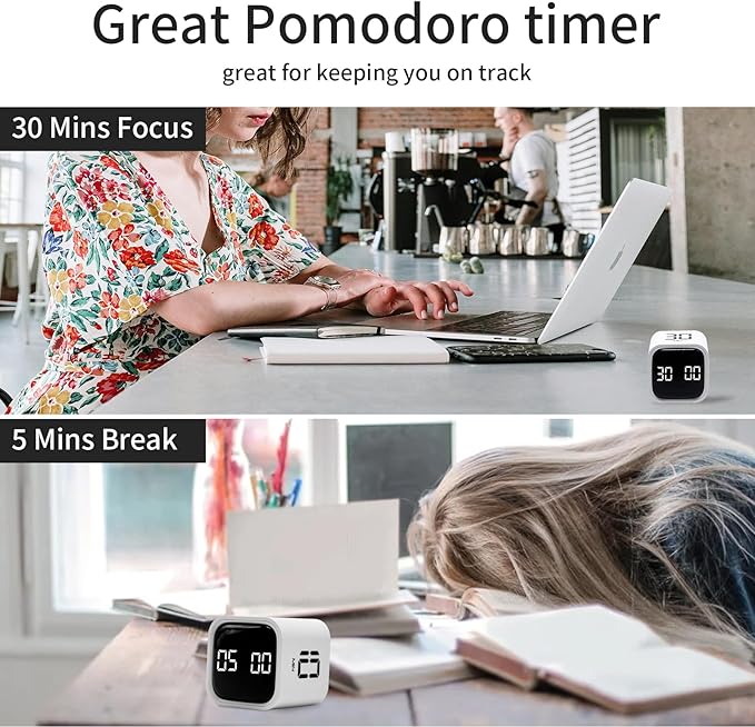 Productivity Timer Flip Gravity Sensor Cube Timer Countdown & Countup,Mute & Vibrate & Sound,5/10/30/60min & Custom Timing, Perfect for ADHD,Work,Learning,Kitchen Cooking (1White)