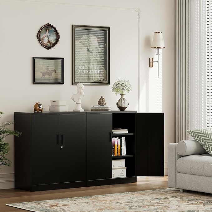TaskStorz Metal Garage Storage Cabinets,Metal File Cabinet with 2 Adjustable Shelves, Lockable Storage Cabinets for Office, Home, Garage, Warehouse 36" H x 31.5" W x 15.7" D (Black)