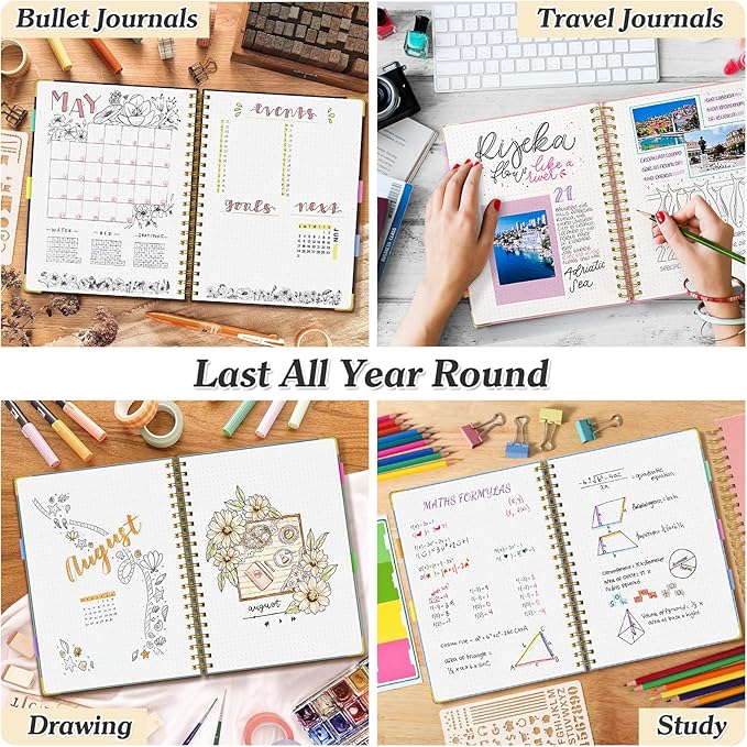 Bullet Dotted Journal Spiral Notebook, 300 Pages Leather Notebooks with Contens, 120 GSM Thick No Bleed Through Paper Journals, A5 Dot Grid Notebook for Women Men School Work Writing, 5.5" x 8", Green