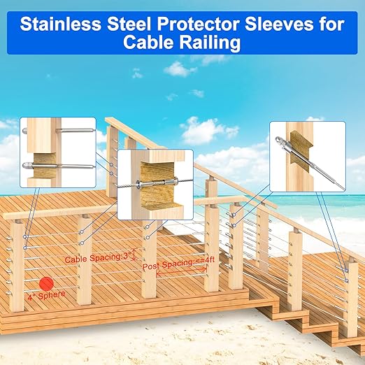 BLIKA 150 Pack Stainless Steel Protector Sleeves for 1/8" 5/32" or 3/16" Deck Cable Railing, for Wood/Composite Posts, T316 Marine Grade