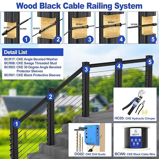 CKE 40 Pack T316 Stainless Steel Black Protector Sleeves for 1/8" 5/32" or 3/16" Cable Deck Stair Railing Kit System, Black Cable Railing Protective Sleeves for Wood Posts, DIY Balustrade, BCR01-3/16