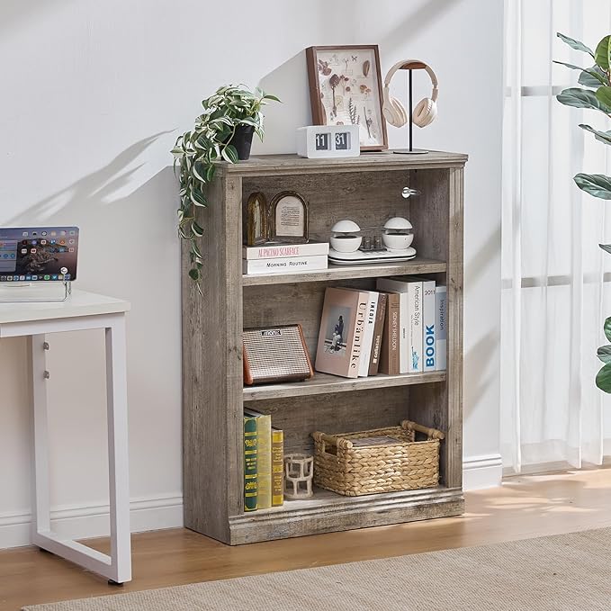 RWYHG 43" Grey Tall Bookshelf Set of 4,3-Tier Thick Wooden Book Shelf with Adjustable Shelves,Free Standing Farmhouse Bookcase with Open Display Storage,Floor Vintage Bookshelves for Living Room