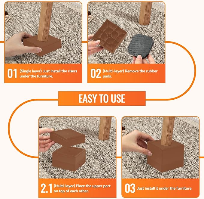 shouwuhho Furniture Risers, 4 Pack Bed Risers with Non-Slip Grip and Heavy Duty Support, 1 Inch 2 Inch 3 Inch 4 Inch Height Lift for Couch, Sofa, Table, Desk, Chair, Refrigerator - Brown, 1+1 Inch
