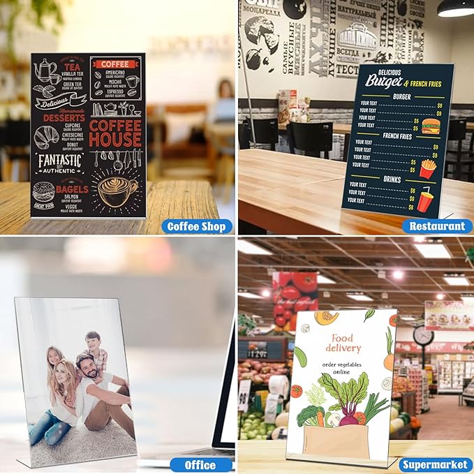 Laerjin Acrylic Sign Holder 8.5 x 11 - 10 Pack Clear Slanted L-Shaped Display Stand, Flyer & Menu Frame, Side Loading Paper Signage Holder - Office, Restaurant, Trade Show Use