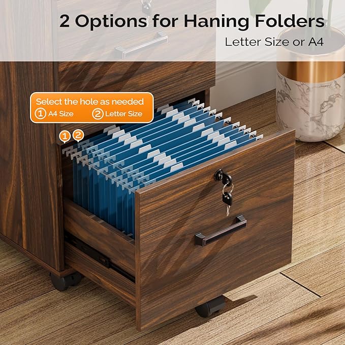 VINGLI 2 Drawer File Cabinet with Lock, Wood Dark Brown File Cabinets for Letter Size File Folders with Tabs, Under Desk Rolling Filing Cabinet for Home Office, Mobile File Organizer Printer Stand