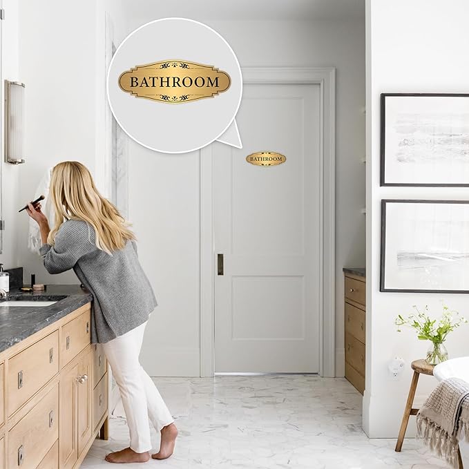 Bathroom Sign Sticker for Business and Home,Self-adhesive Brushed Gold Bathroom Decor for Door,Waterproof Vinyl Restroom Sign for House, Office, Shop