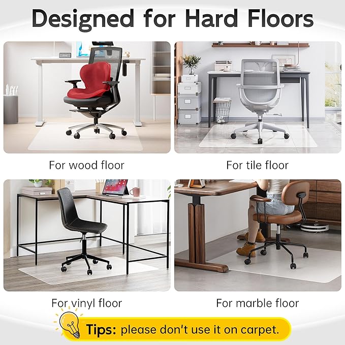 HOMEK Office Chair Mat for Hardwood Floor, 72" x 46" Clear Computer/Desk Chair Mat for Hard Floor, Thicker, Easy Glide, Non-Slip, Protects Hard Surfaces from Scratches, Ideal for Home or Office