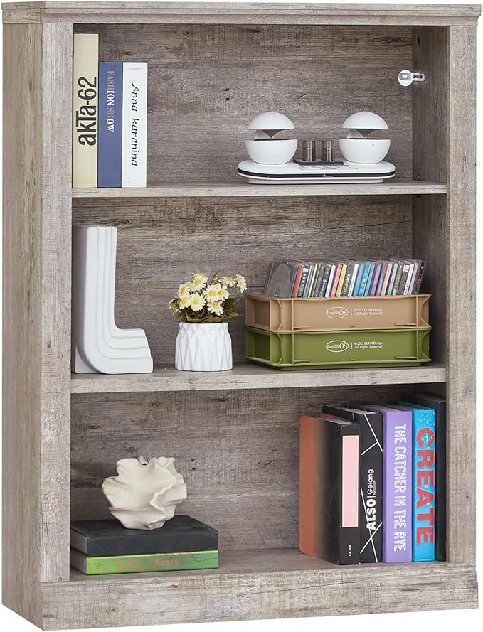 RWYHG 43" Grey Tall Bookshelf,3-Tier Thick Wooden Book Shelf with Adjustable Shelves,Free Standing Farmhouse Bookcase with Open Display Storage,Floor Vintage Bookshelves for Living Room,Office
