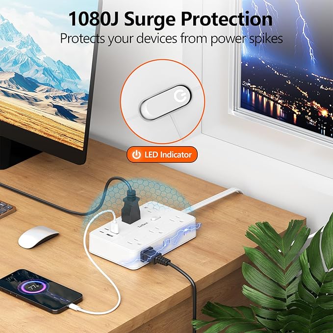 Surge Protector Power Strip 1 FT Flat Extension Cord ,10 AC Outlets & 4 USB Ports(5V/3.4A 17W), 1080J ,Wall Mountable Desktop Charging Station with Flat Plug for Office Supplies and Home, White