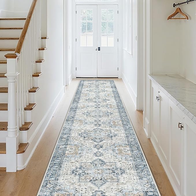 GENIMO Runner Rug 2x12, Non Slip Vintage Hallway Runner Rugs, Low Pile Lightweight Machine Washable Mat for Hallway, Entryway, Bedroom, Kitchen and Corridor, Blue