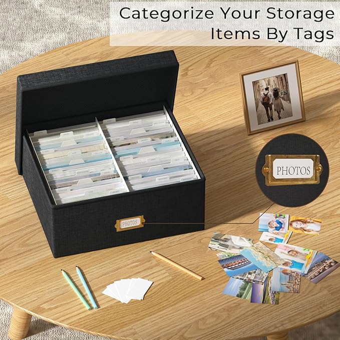Decorative Photo Storage Box - 2 Pack Linen Photo Box Organizer with Dividers, Fits Holds Up to 1700 Pictures and 4x6 Photos, Memory Keepsake Organizer for Scrapbook Supplies, Cards, Stamps (Black)
