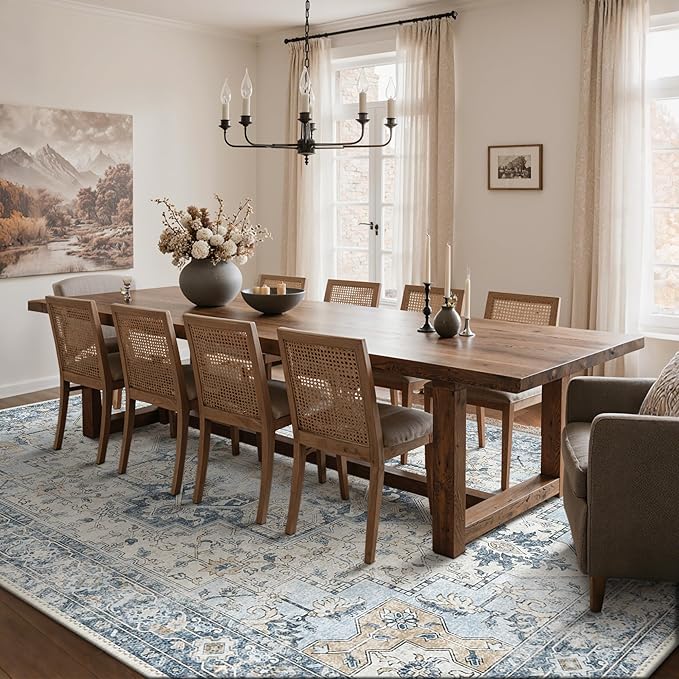 GENIMO 8x10 Area Rugs for Living Room, Machine Washable Non Slip Vintage Rugs, Low Pile Lightweigt Chenille Print Indoor Rug for Bedroom, Dining Room, Home Office, Blue