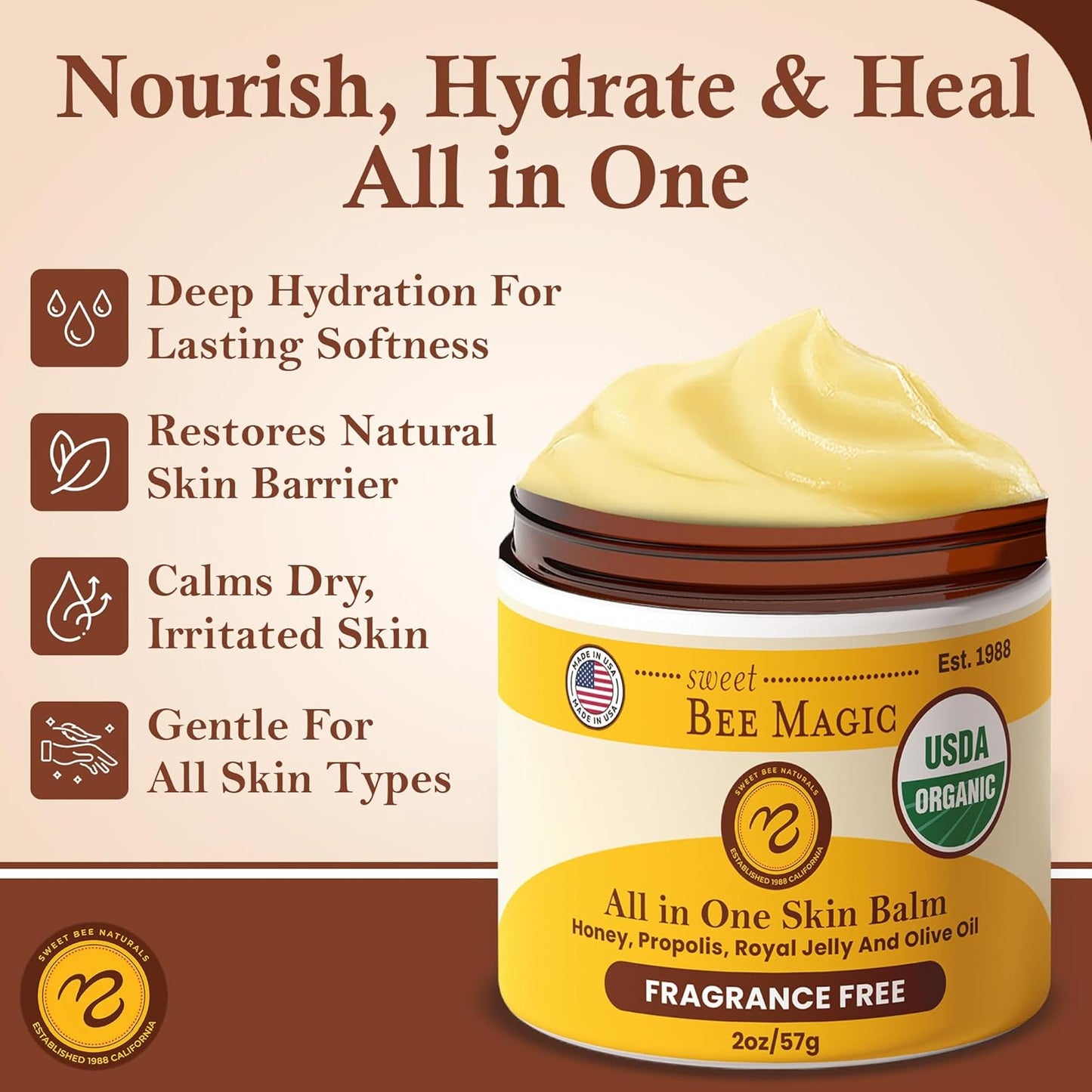Sweet Bee Magic All In One Healing Organic Balm - Natural Skin Healing Cream, Beeswax Balm for Dry Skin, Face & Body Moisturizer - Certified Organic, All Natural Aid - 6 Jars - (2oz Each, 12oz Total)