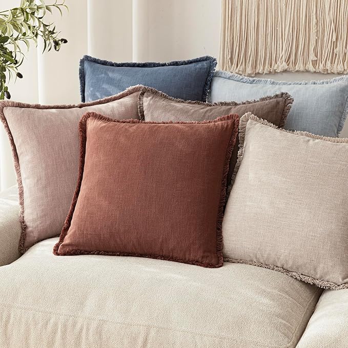 Foindtower Set of 2 Decorative Linen Fringe Throw Pillow Covers Boho Farmhouse Cushion Cover with Tassels Accent Pillowcase for Couch Chair Sofa Bed Living Room Home Decor,16×16 Inch,Rust Red
