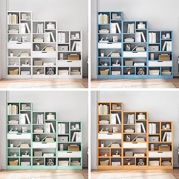 IOTXY Wooden Open Shelf Bookcase - 51 Inches Height Freestanding Display Storage Cabinet Organizer with 7 Cubes and a Drawer, Floor Standing Bookshelf in Warm White
