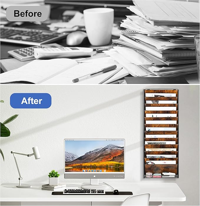 Solinxe 12-Tier Wall File Organizer, Wood Mail Organizer Wall Mounted Paper Document Magazine Holder, Hanging Clipboard Storage Basket with Tray for Office Home School Organization, Black/Antique